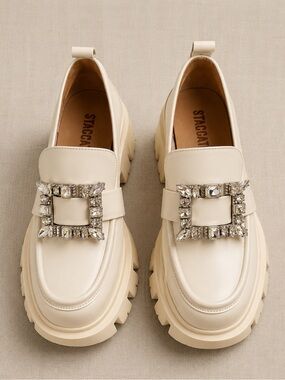 STACCATO Crystal Buckle Chunky Platform Loafers Ivory Leather EU 37 US 6